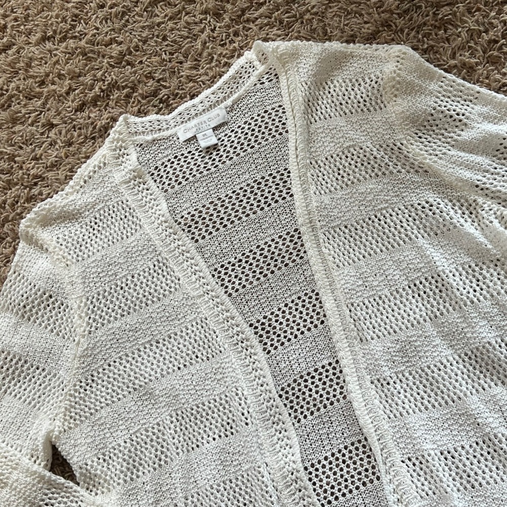 Charter Club Petite White Open Front Crochet Knit Cardigan Sweater PL